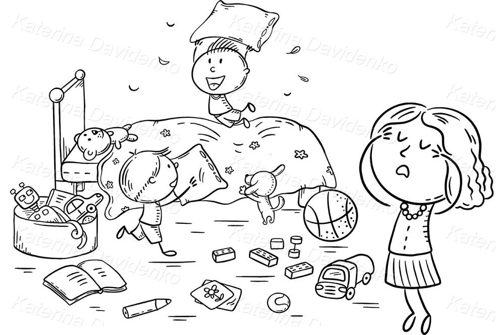 Pillow Fight and Stressed Mom – Funny Cartoon Clipart