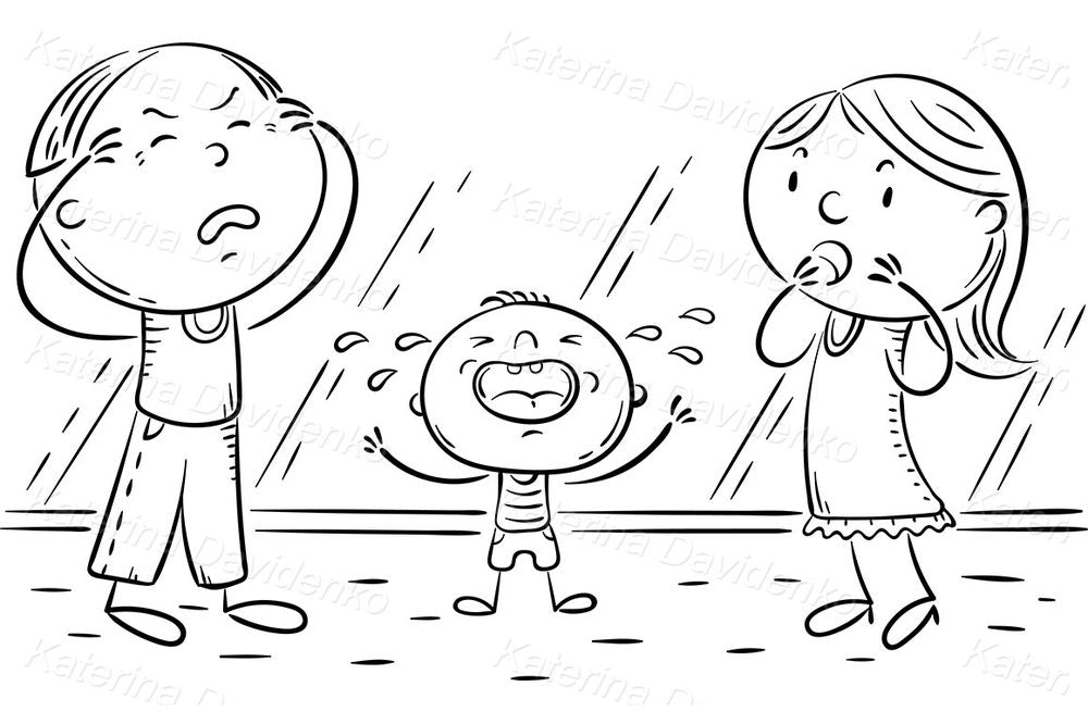 Crying Child and Parents in Panic – Parenting Cartoon Clipart