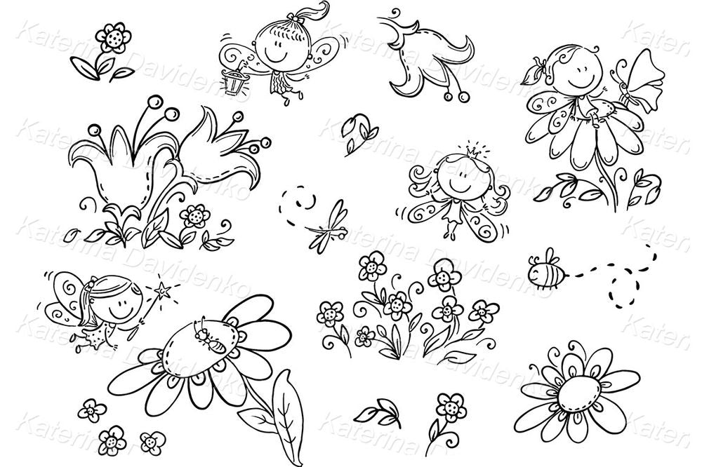 Cute Fairies and Flowers – Whimsical Vector Clipart