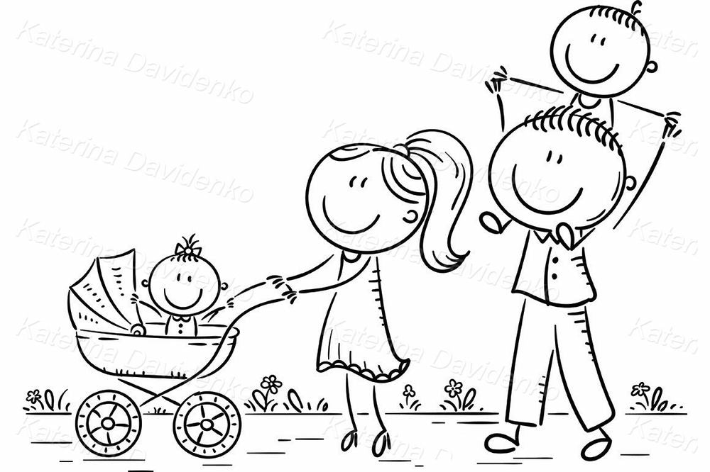 Doodle Family with Stroller and Kids – Hand-Drawn Clipart