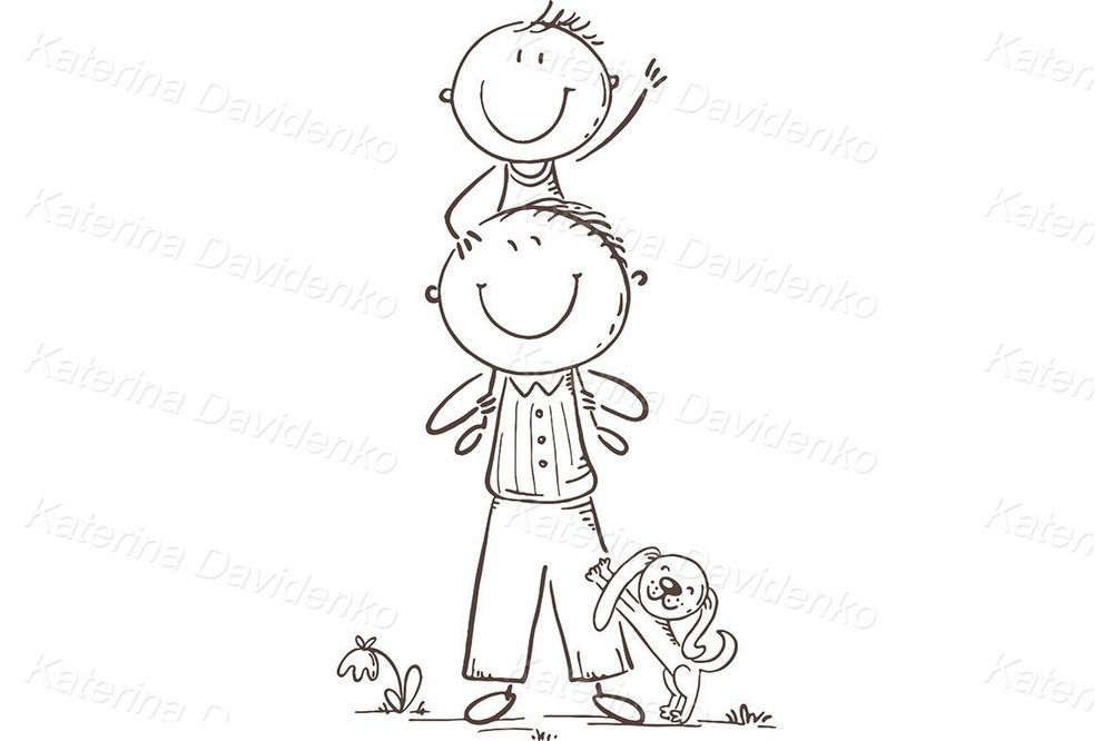 Father and Son with Pet Dog – Cute Cartoon Clipart