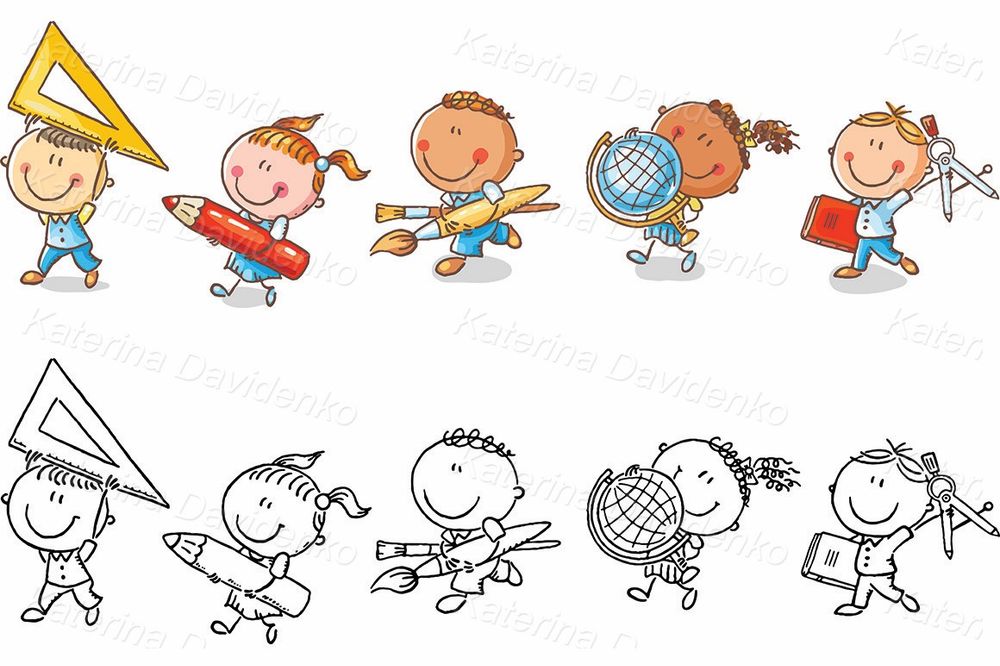 School Kids with Stationery Clipart – Cute Back to School Illustration