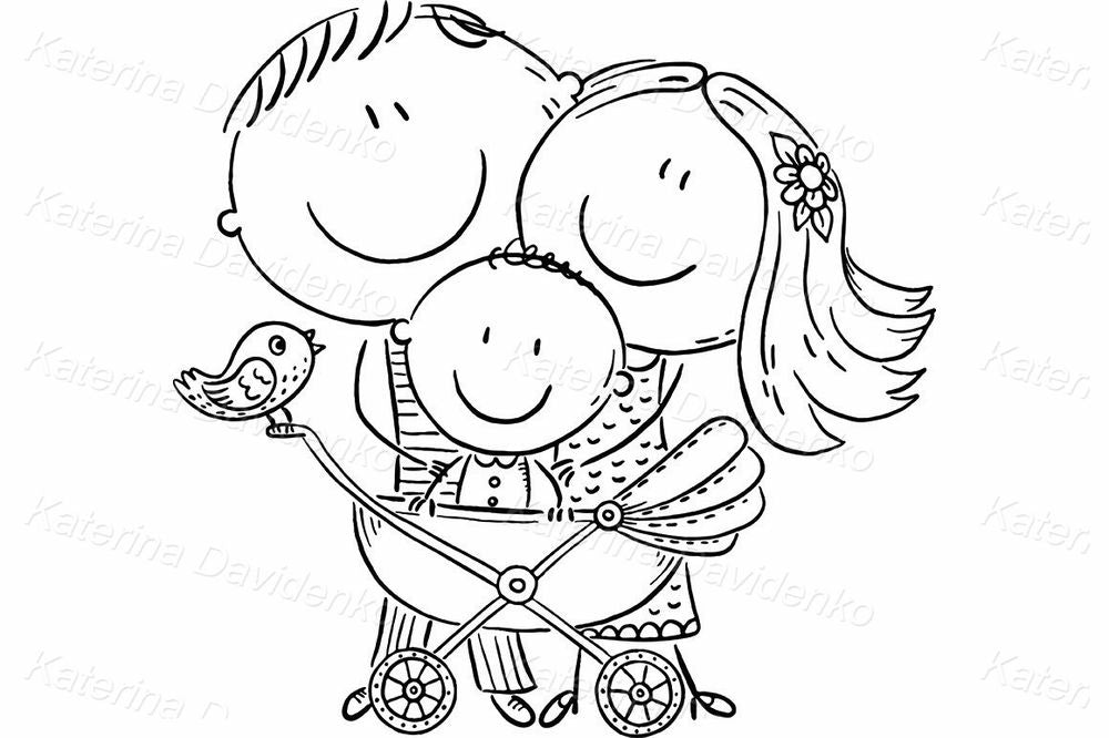 Happy Family with Baby Stroller – Cartoon Clipart Illustration