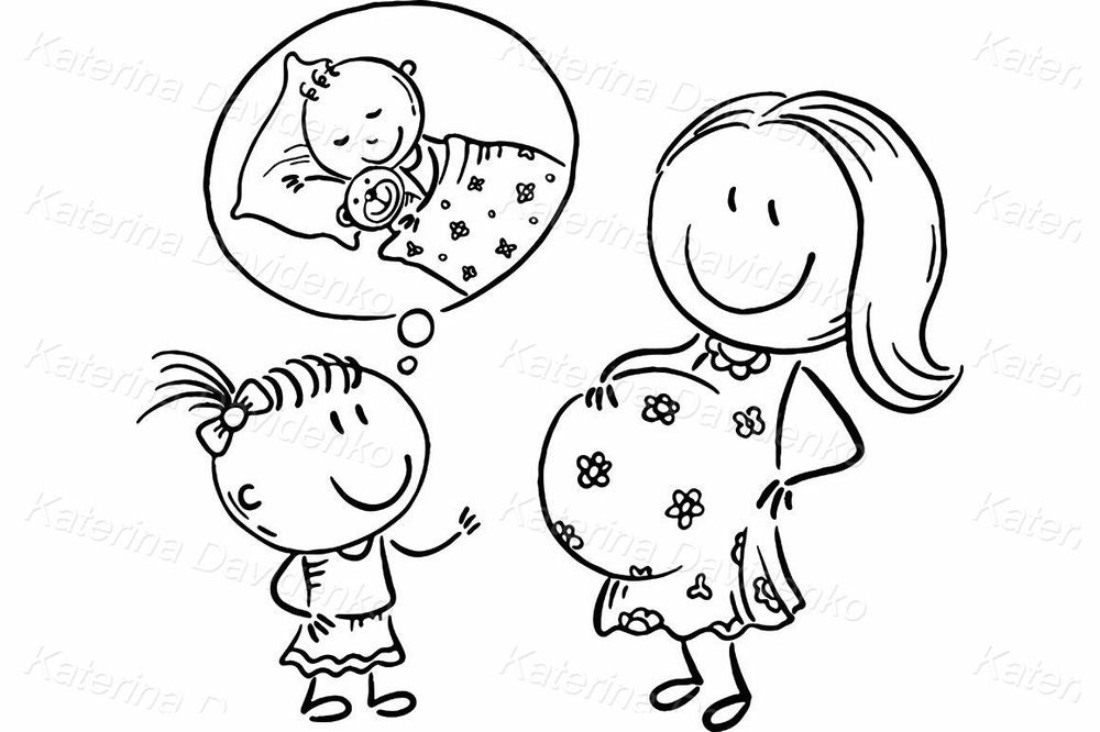 Pregnant Mom and Child Clipart – Waiting for Baby Cartoon Illustration