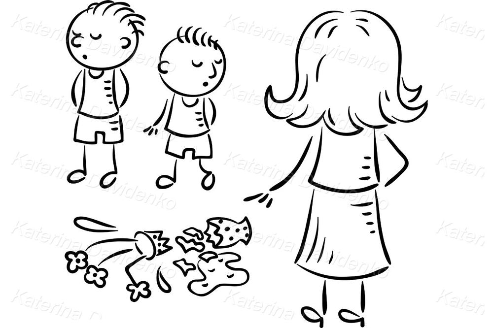 Broken Vase Clipart – Sad Kids and Angry Mom Cartoon Illustration