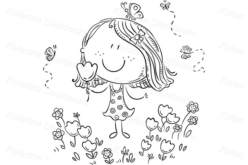 Girl with Flowers Clipart – Cute Spring Season Illustration