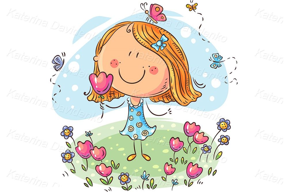 Girl with flowers walking outdoors clipart