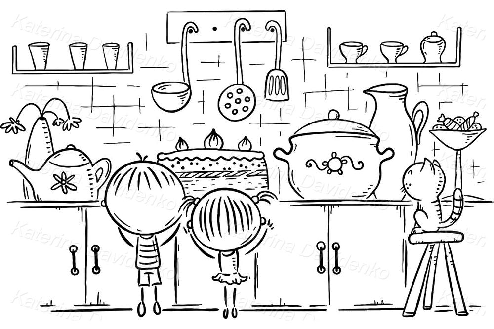 Kids in Kitchen Clipart – Cute Cooking Scene Illustration