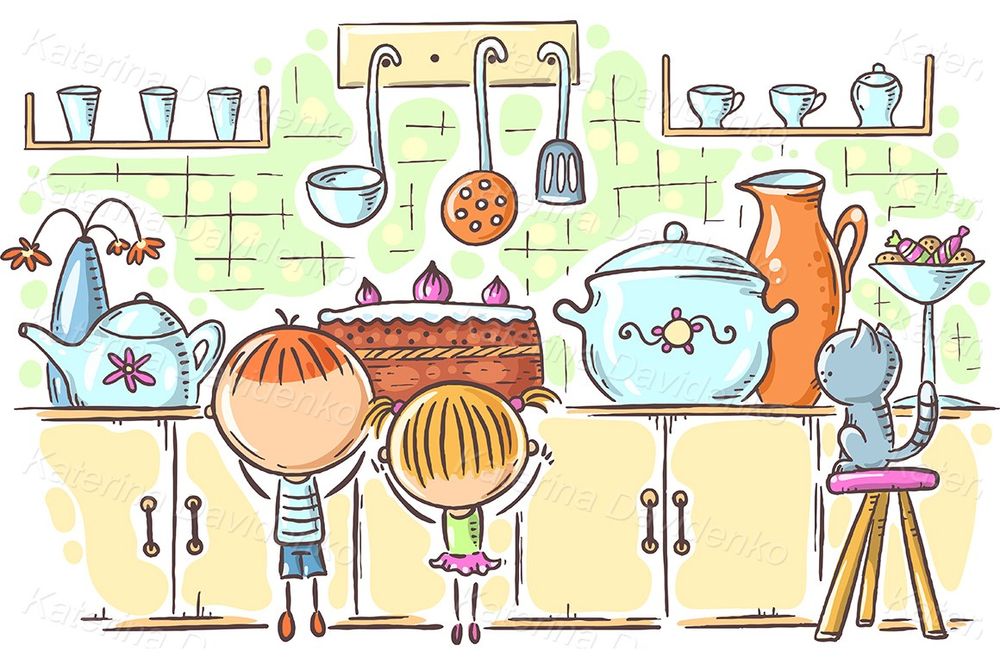 Kids and cake in the kitchen illustration