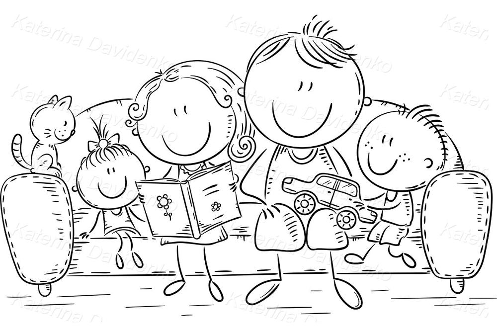 Happy Family Reading Clipart – Parents and Kids on Sofa Illustration
