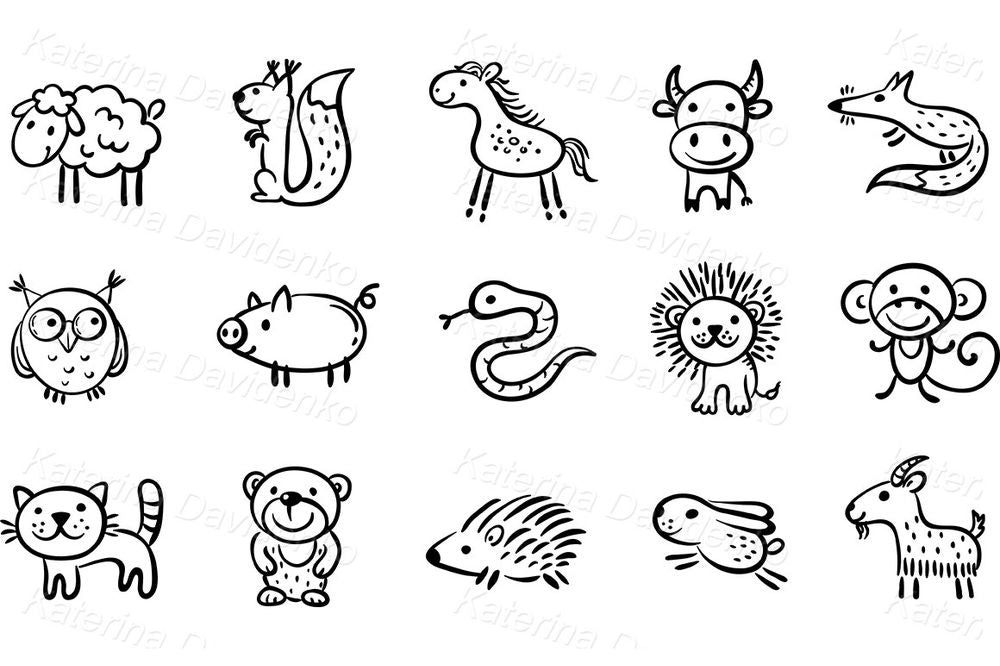 Cute Animal Doodles Clipart – Cartoon Farm and Wild Animals Illustration