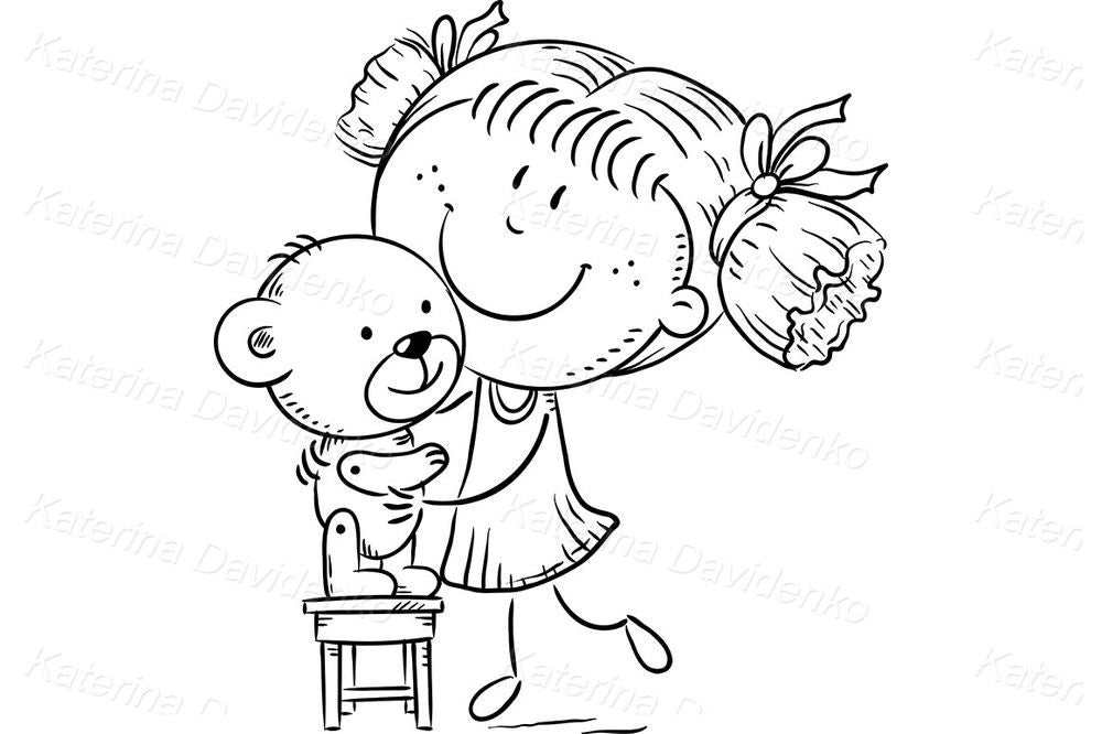 Teddy Bear Hug Clipart – Cute Girl with Plush Toy Illustration