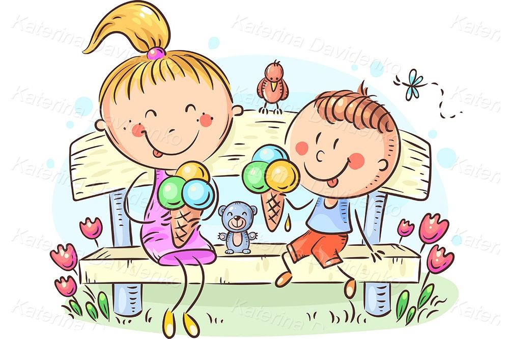 Kids eating ice-cream sitting on a bench in the park illustration