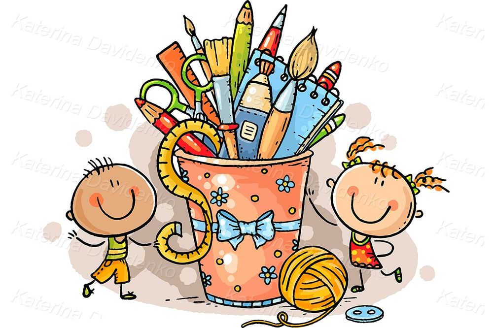 Creative kids with crafting tools, cartoon clipart