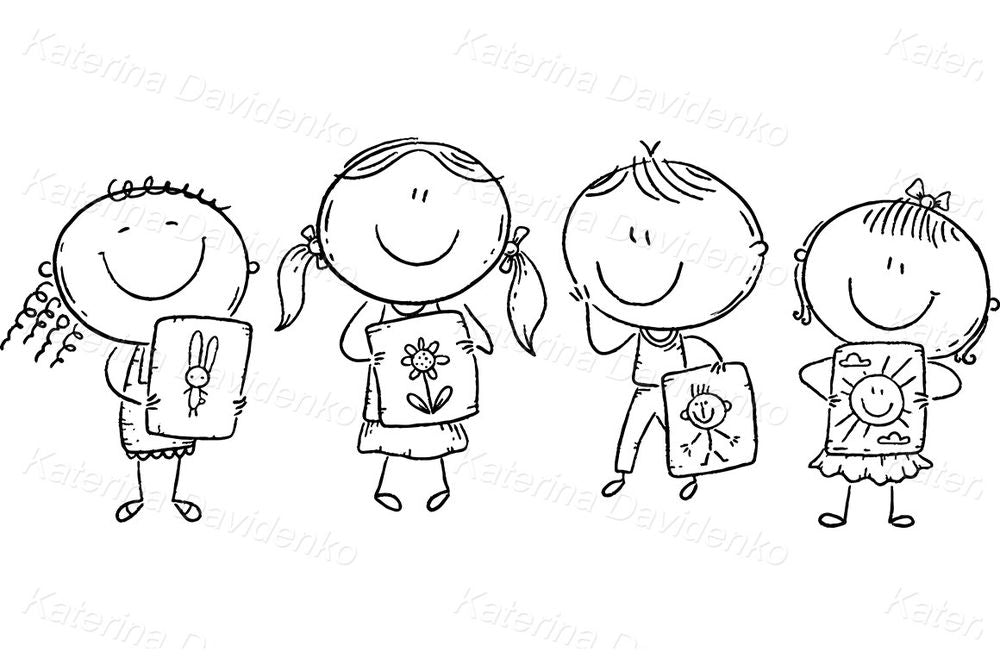 Kids Artwork Clipart – Happy Children Showing Drawings Illustration