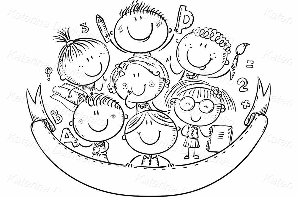 Happy School Kids Clipart – Cute Children Learning Cartoon Illustration with a Copy Space