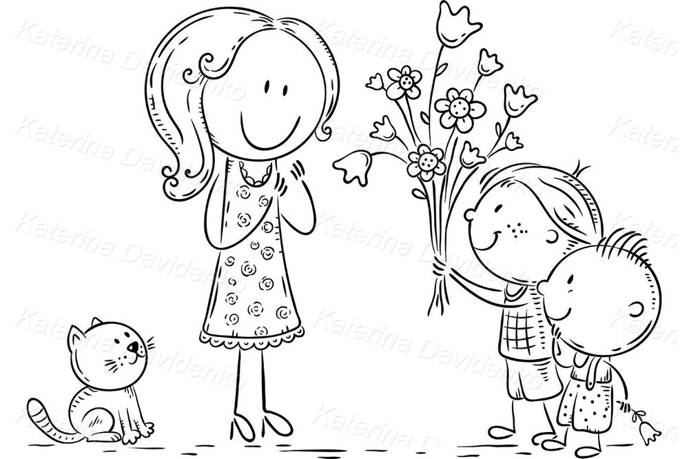 Mother’s Day Clipart – Cute Kids Giving Flowers Cartoon Illustration
