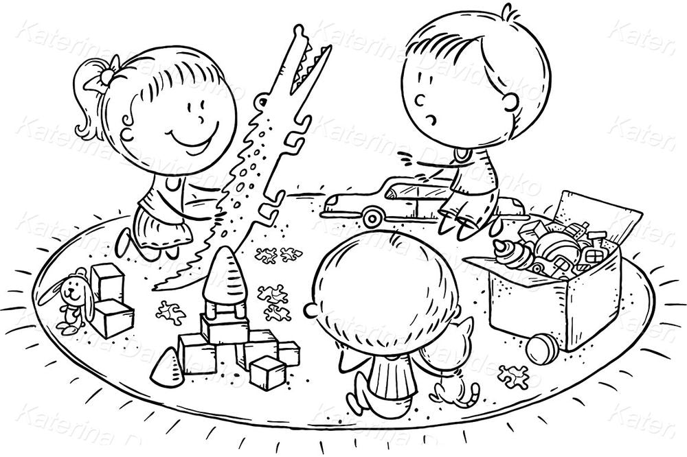 Kids Playing Clipart – Cute Cartoon Toys and Preschool Scene Illustration