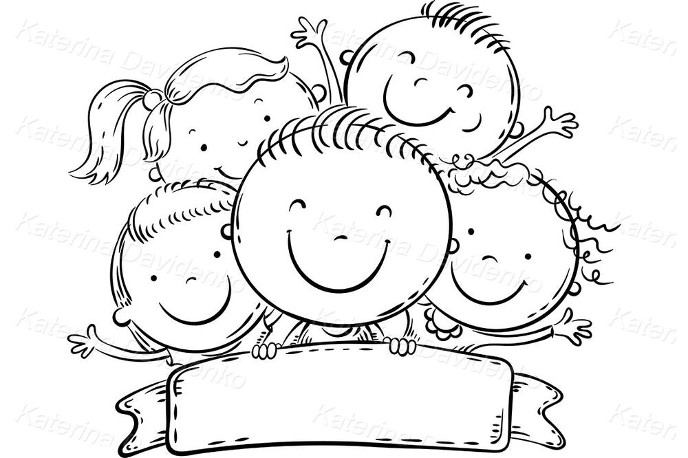 Happy Kids Banner Clipart – Cartoon Children Group Illustration