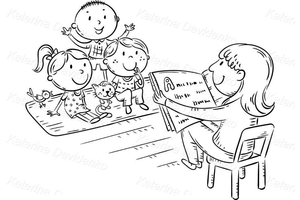 Preschool Reading Time Clipart – Teacher and Kids Illustration