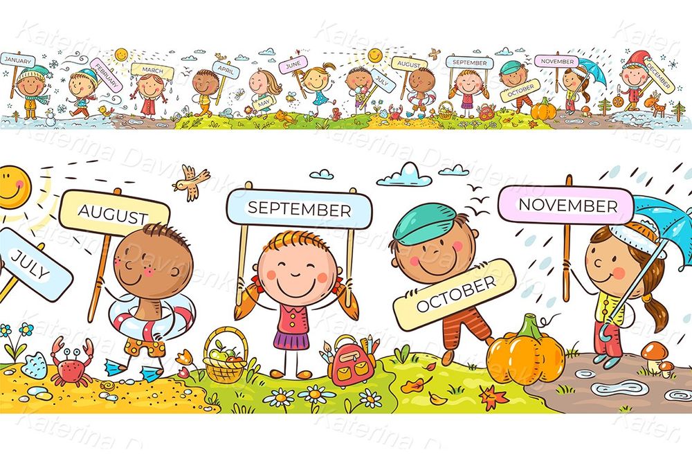 Children with months, weather and seasons border clipart