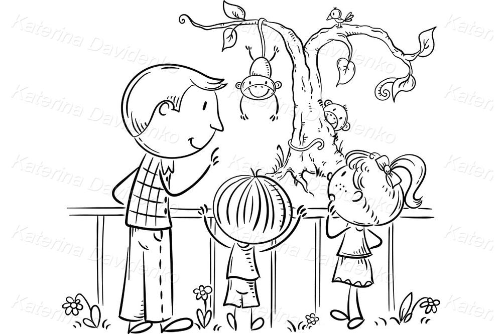 Zoo Visit Clipart – Kids Watching Monkeys Cartoon Illustration