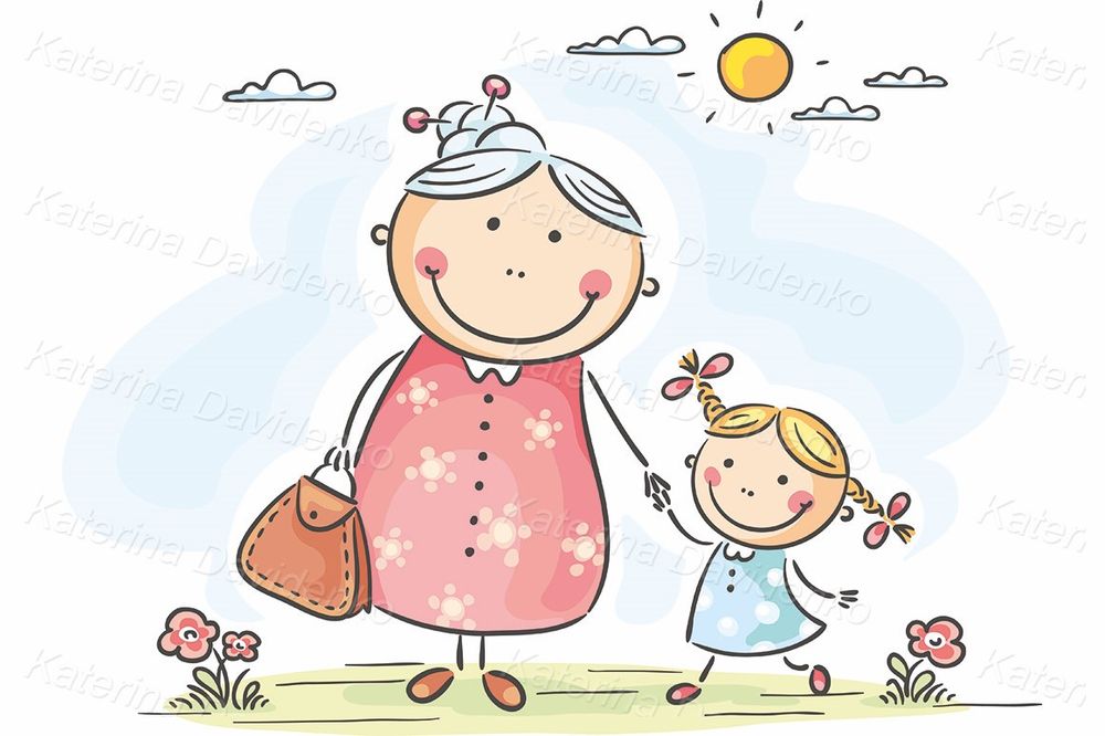 Girl and granny on a walk - clipart vector illustration