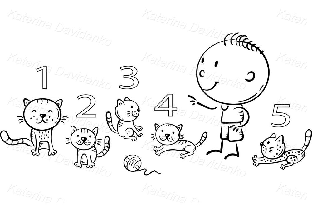 Counting Cats with Boy – Fun Math Learning Clipart Set