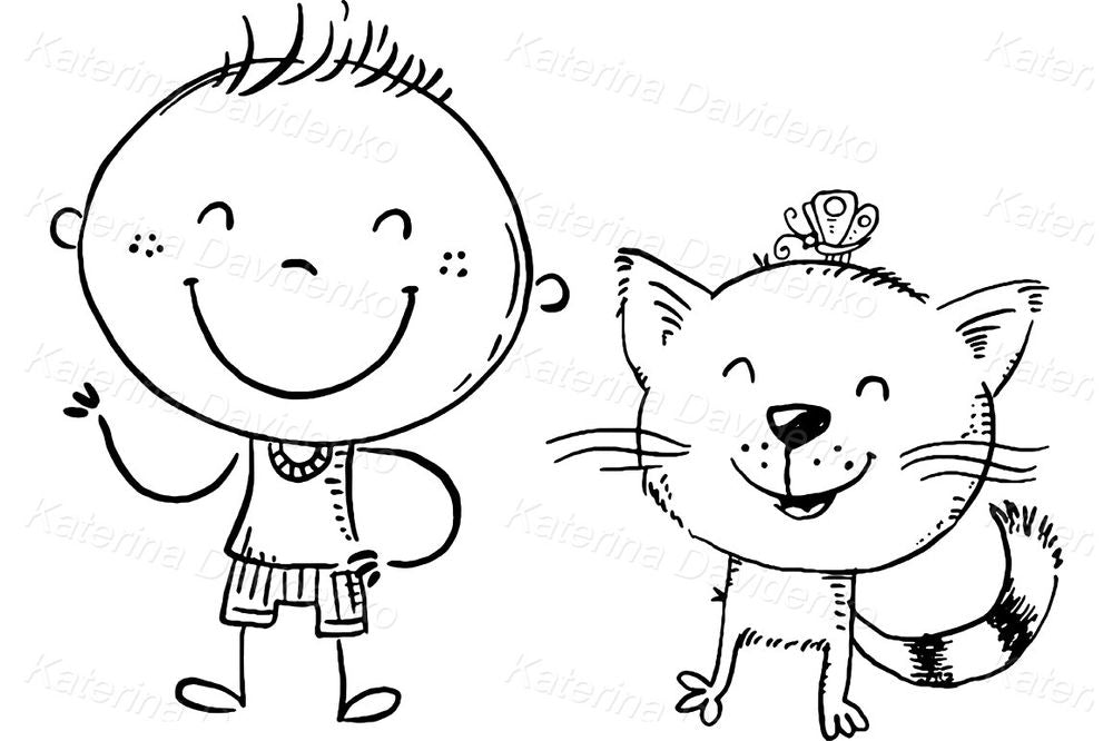 Smiling Boy and Cat Clipart – Cute Pet Friendship Illustration