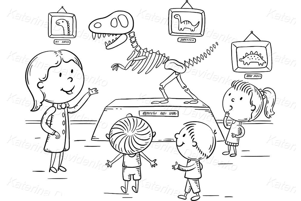 Dinosaur Museum Clipart – Kids Exploring Fossils, Educational Illustration