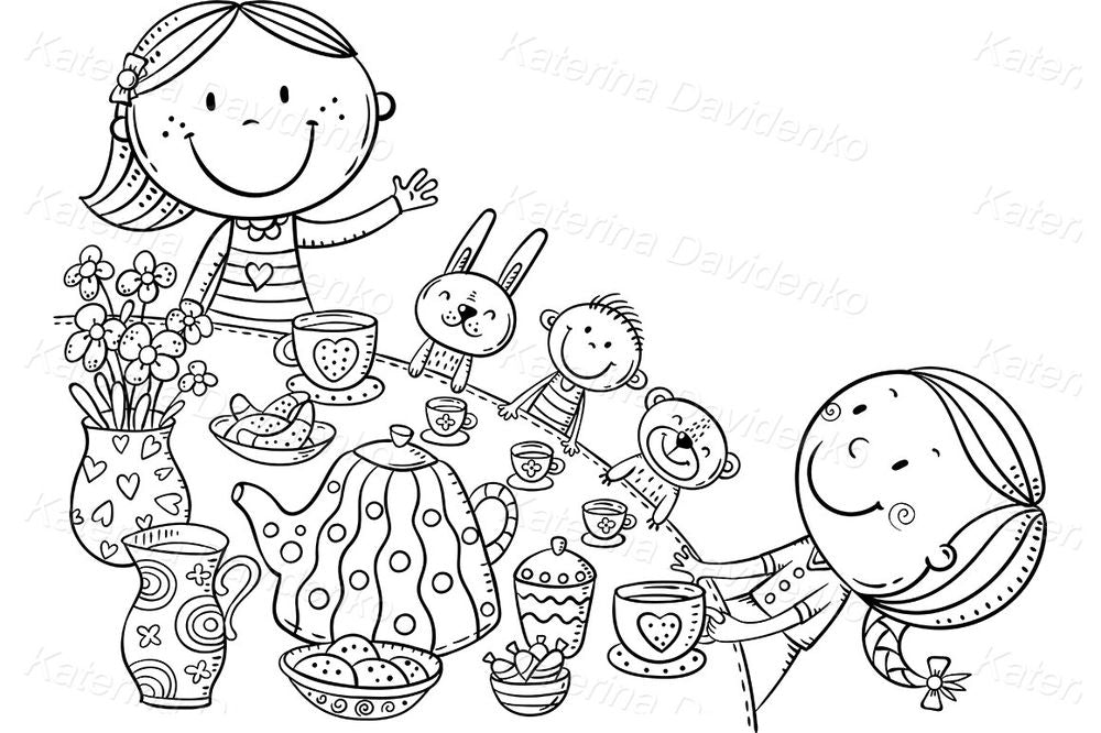 Kids' Tea Party Clipart – Cute Girls with Toys and Treats