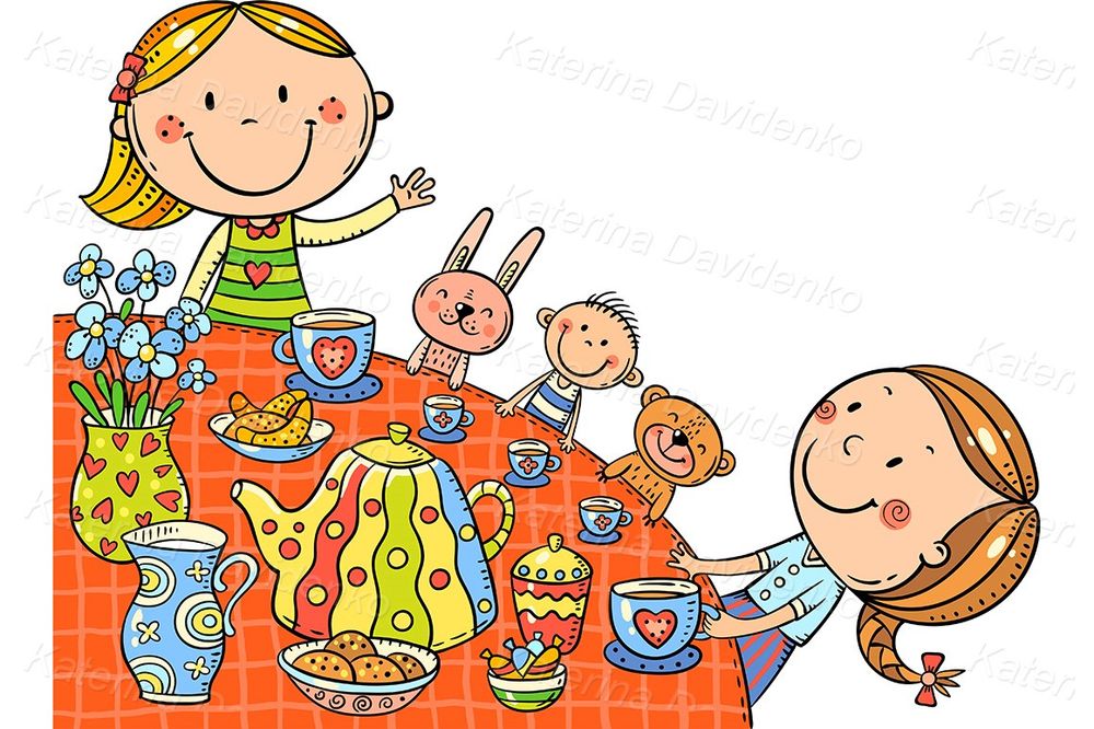 Cartoon girls playing with toys, vector illustration