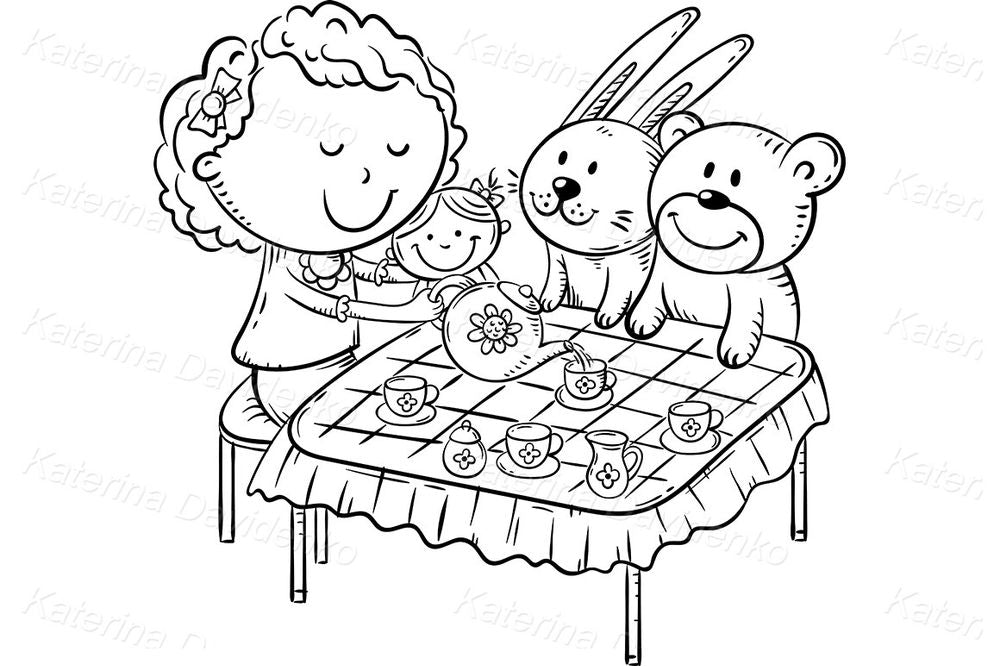 Girl's Tea Party Clipart – Playing with Toys Cute Illustration