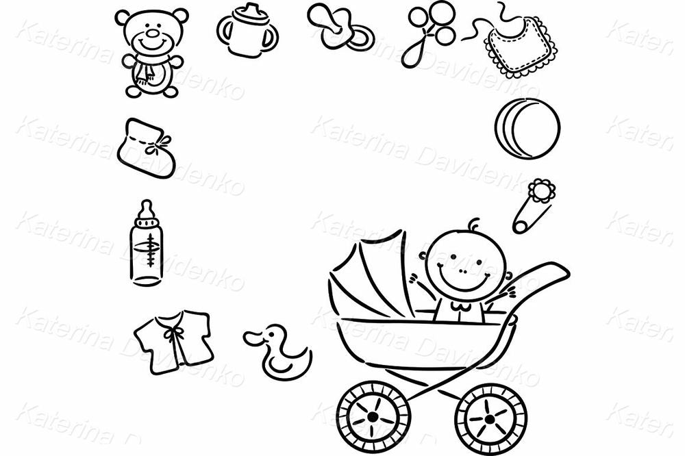 Baby Boy Frame Clipart – Blue Stroller & Toy Border Design