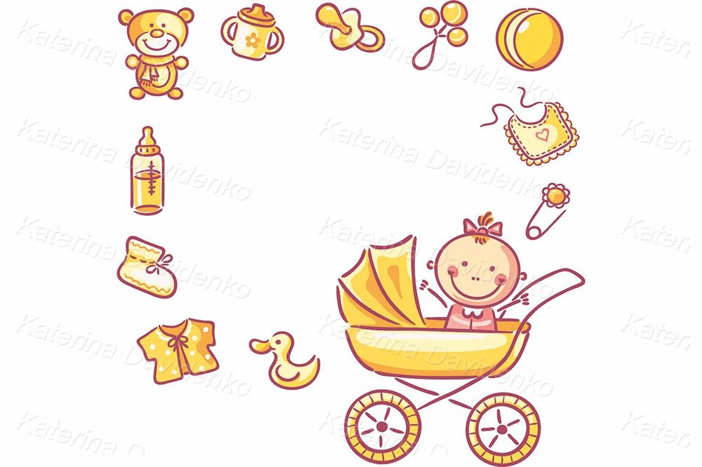 Baby Girl Frame Clipart – Pink Stroller & Toys Border Design