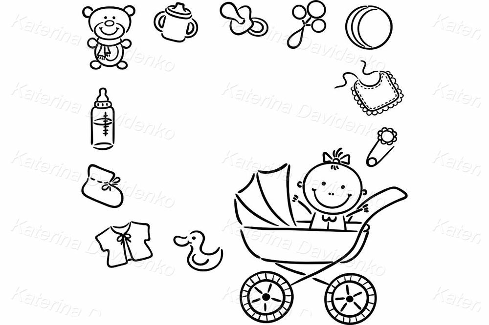 Baby Girl Frame Clipart – Pink Stroller & Toys Border Design
