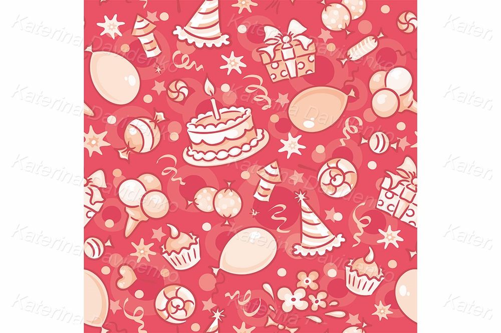 Birthday Party Pattern with Balloons and Cake, Vector Background