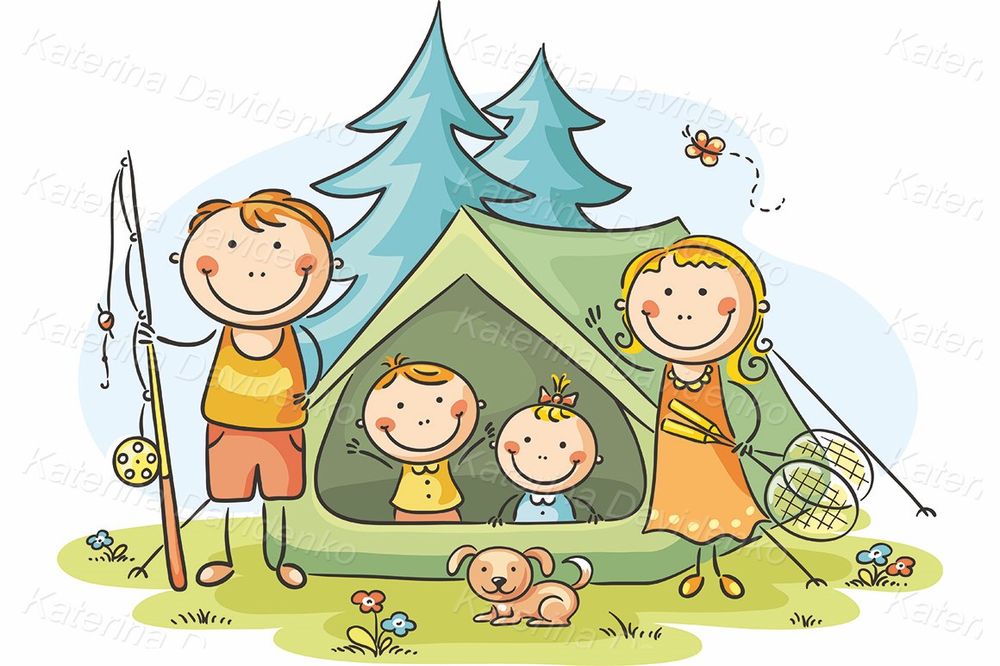 Family camping clipart, summer activities illustration