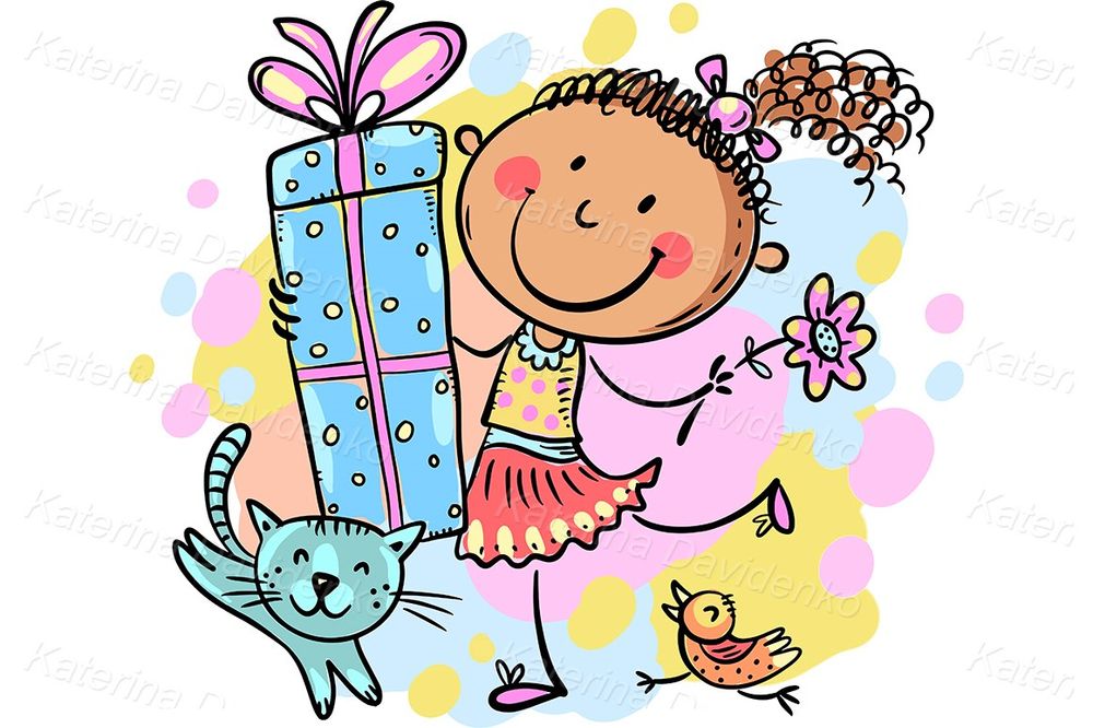 birthday card, girl with present clipart