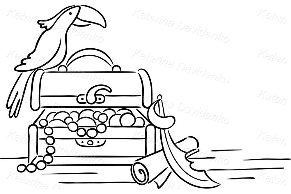 Pirate Treasure Chest Clipart – Sword, Parrot & Gold