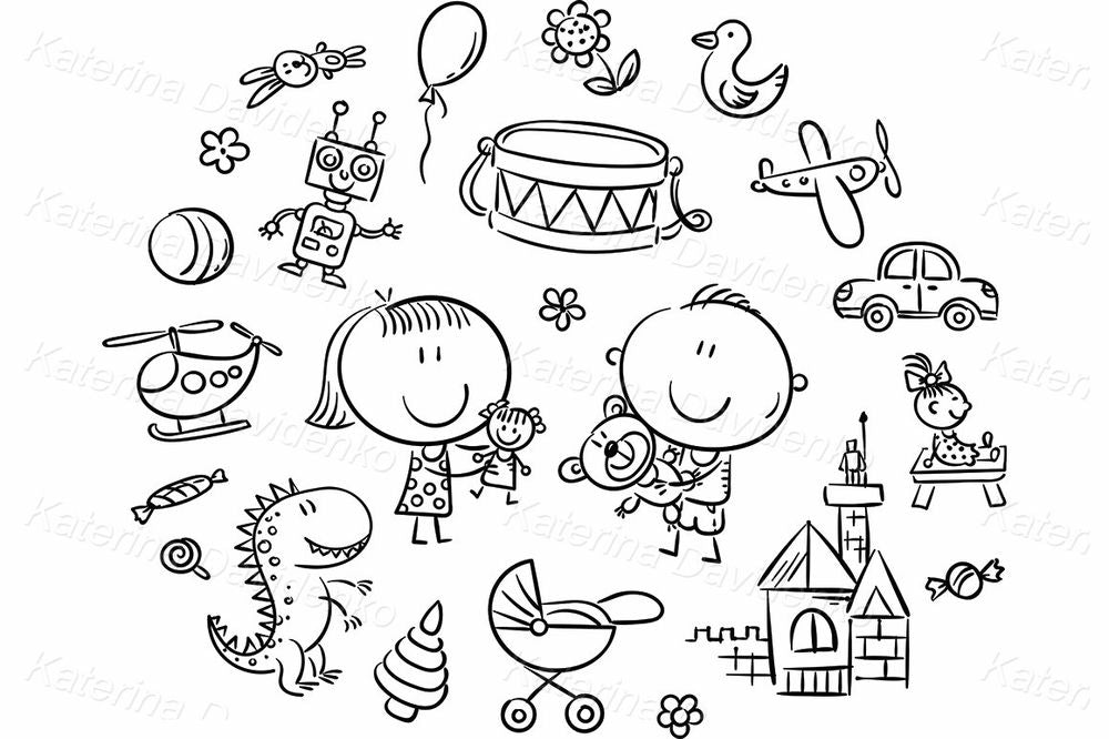 Kids and toys clipart – cute cartoon children with teddy bear, helicopter, robot and more for nursery, party, learning