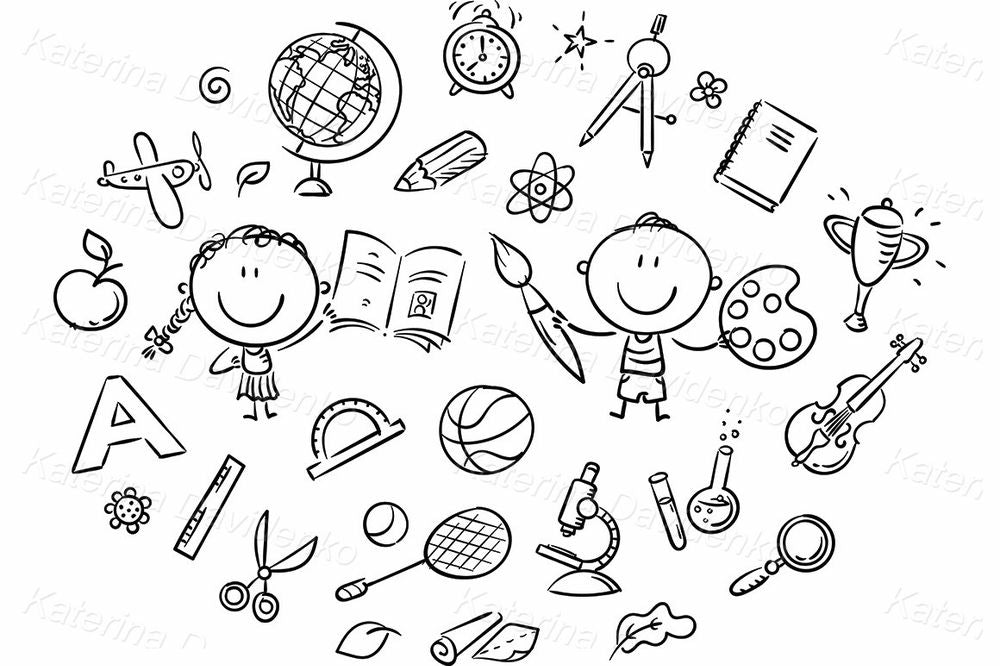 School subjects clipart bundle – cute kids with books, science, music and sports icons for teachers and printables