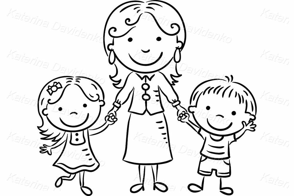 Happy mom with daughter and son – cute family clipart for parenting projects