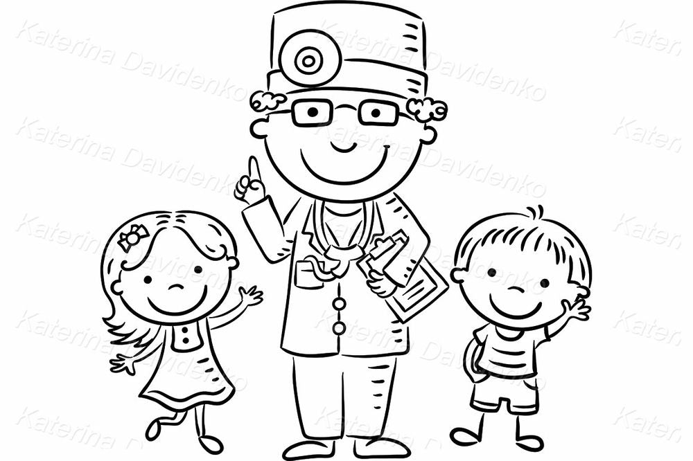 Cartoon doctor with children clipart – pediatrician, healthcare vector for kids