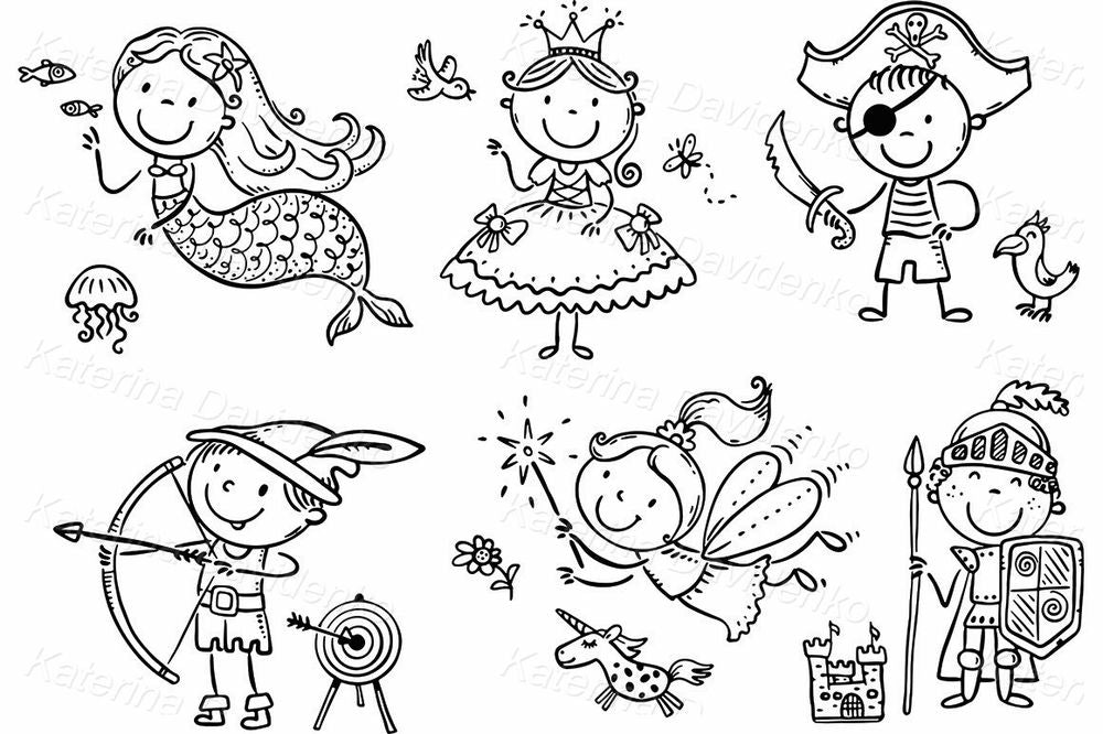 Whimsical kids in fantasy costumes clipart – mermaid, pirate, fairy, knight, princess, archer & unicorn art