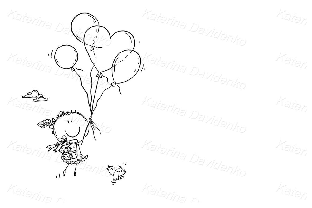 Cute girl with balloons clipart – birthday present, heart balloons, cartoon vector