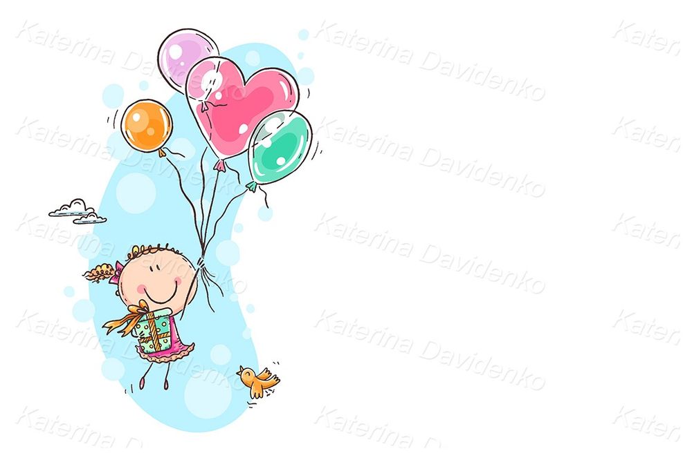 Birthday greeting card, girl with balloons and presents