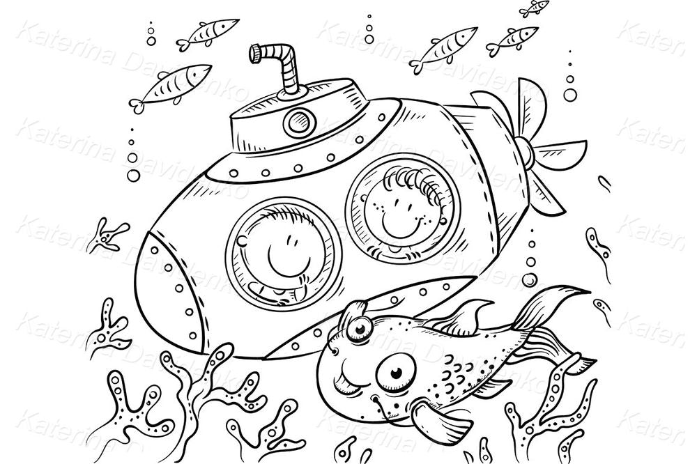 Cartoon kids in yellow submarine – underwater adventure clipart with ocean fish and sea life