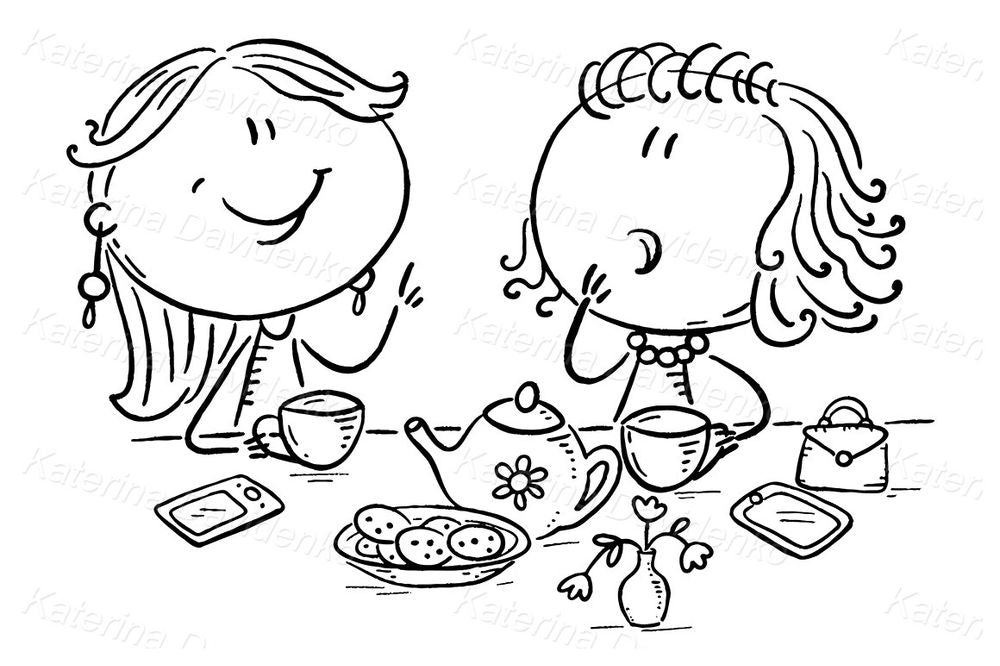 Cute tea party clipart – girls having tea with cookies, SVG vector for invites & crafts