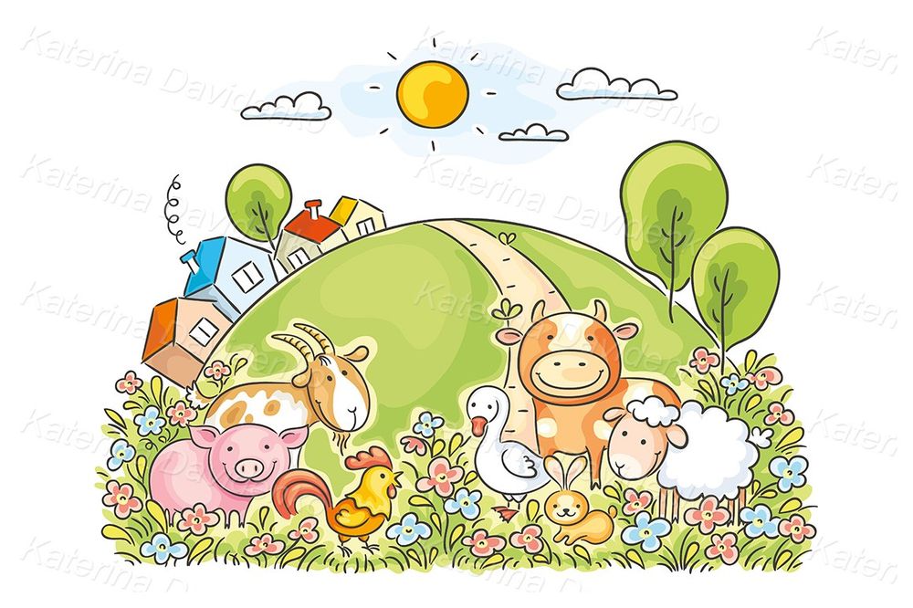 cartoon farm animals in countryside, vector clipart illustration